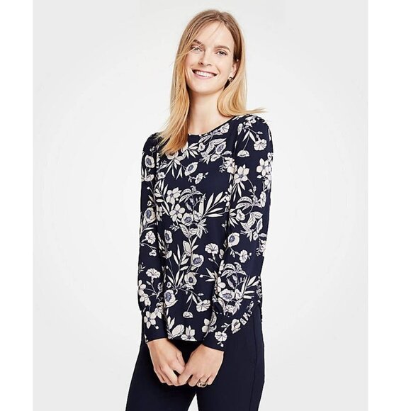 ANN TAYLOR Magnolia Garden Floral Button Cuff Long Sleeve Shirt Navy Cream M - Picture 1 of 5